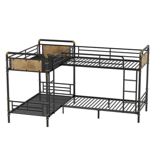 English Elm Quad Quad Bunk Bed for 4 Kids - Heavy Duty Metal Twin Frame, Detachable Triple Layout, Rustic Black Wood Finish, 250lb Capacity Each, Space-Saving Modular Design W2580S00020