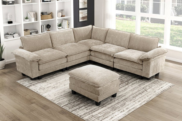 English Elm Modern Chenille Upholstered Sectional Sofa Arms with Adjustable Pillow Top Neutral Taupe B011P352490