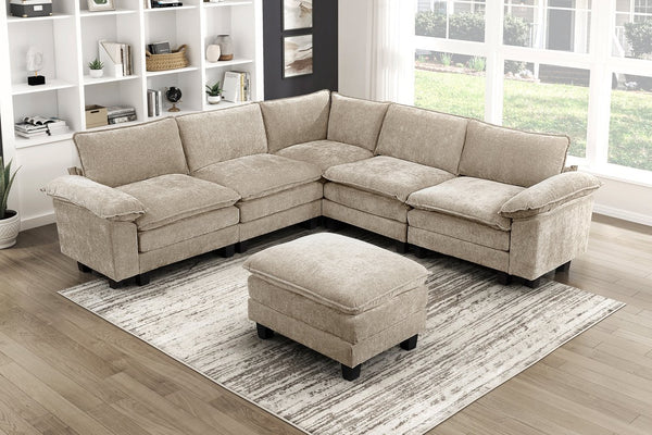 English Elm Modern 6-Piece Modular Sectional With Ottoman - Plush Chenille Comfort For Stylish Living Room Setup B011S01811