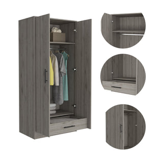 English Elm Armoire, Spacious Engineered Wood Wardrobe with Two Drawers, Hanging Rod and Hidden Storage Appeal Gray 74.8 L x 24.41 W x 4.33 H B097S00153