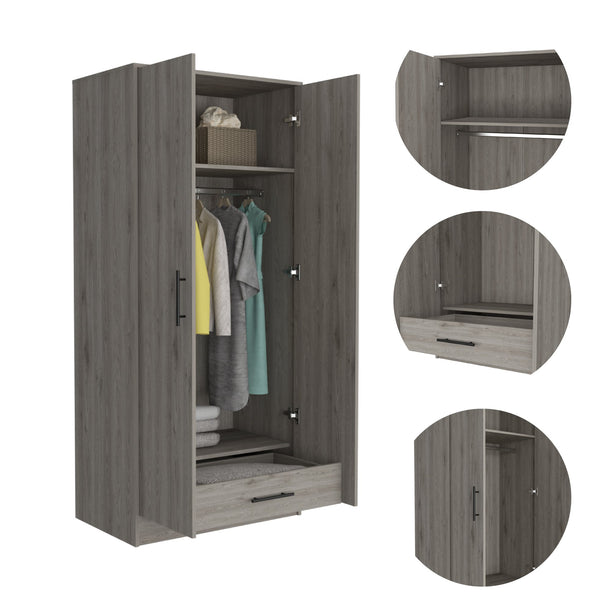English Elm Armoire, Spacious Engineered Wood Wardrobe with Two Drawers, Hanging Rod and Hidden Storage Appeal Gray 74.8 L x 24.41 W x 4.33 H B097S00153