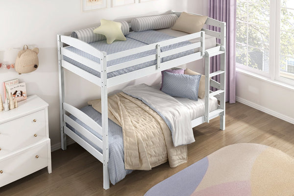 English Elm Twin Twin-over-Twin Bunk Bed with Guard Rails and Ladder, Wood-Engineered Frame, Space-Saving Dorm Style White 84 L x 20 W x 9.5 H B011P362601