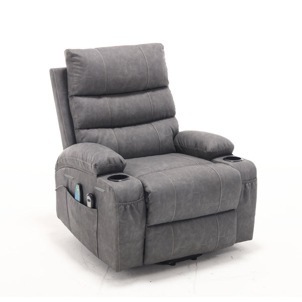 English Elm 21"seat Large Electric Power Lift Recliner Chair with 8-Point Vibration Massage, Lumbar Heat, Remote Control and Cup Holders for Easy Standing Comfort and Pocket Storage Grey W311P316093