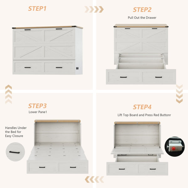 English Elm Queen Murphy Cabinet Bed Rustic Grey Farmhouse Style with Charging Station Storage W5271S00002