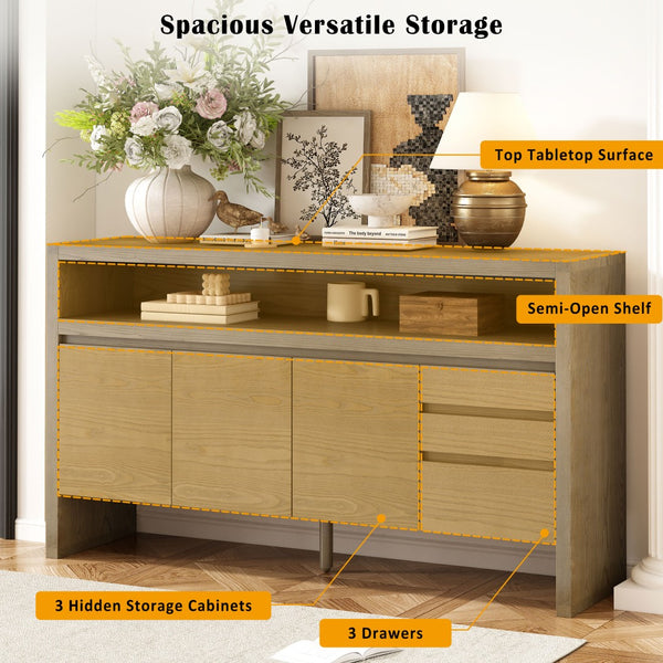 English Elm U_Style 60" Modern Sideboard - Stylish 3-Door Storage Cabinet With Drawers & Cable Management Solution N711P289141O-GIGA