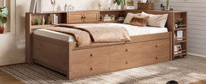 English Elm Twin Daybed Pine Frame with Trundle Desk Hutch Shelves and Storage for Kids Rooms Brown W1580S00459