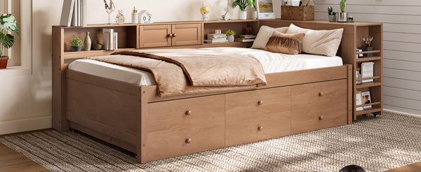 English Elm Twin Daybed Pine Frame with Trundle Desk Hutch Shelves and Storage for Kids Rooms Brown W1580S00459