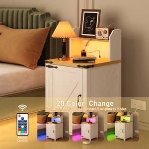 English Elm OKD Farmhouse Nightstand with Built-In Charging Station, Barn Door Accent, Adjustable Storage Shelf and Sturdy Frame White W1550P311284