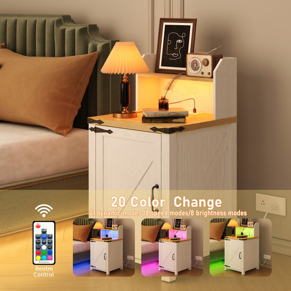 English Elm OKD Farmhouse Nightstand with Built-In Charging Station, Barn Door Accent, Adjustable Storage Shelf and Sturdy Frame White W1550P311284