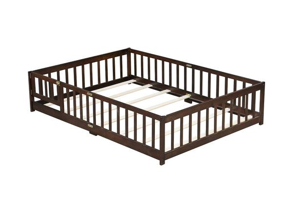 English Elm Full Size Rubberwood Floor Bed with Safety Guardrails and Latching Door for Toddlers Espresso W504P429302