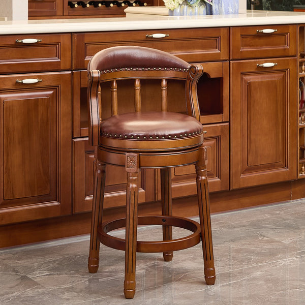 English Elm Seat 26.5" Cowtop Leather Swivel Bar Stool - Wooden Chair With Back For Home, Kitchen & Pub Use W2195P331495-GIGA