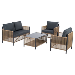 English Elm New Elegant 4-Piece Patio Sofa Set With Grey Cushions, Durable Pe Wicker, Tempered Glass Table W400S00047