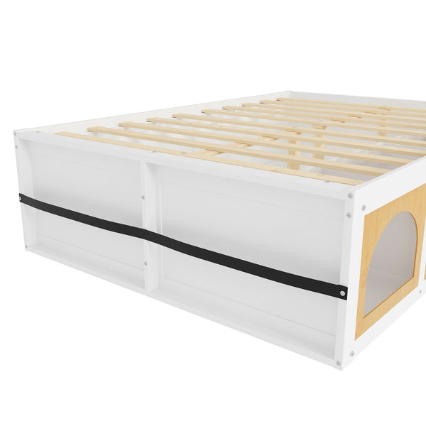English Elm Queen Storage Platform Bed with Led Lighting Bookshelf Display Cabinet and Pull-out Drawer White+Natural N820S00078K