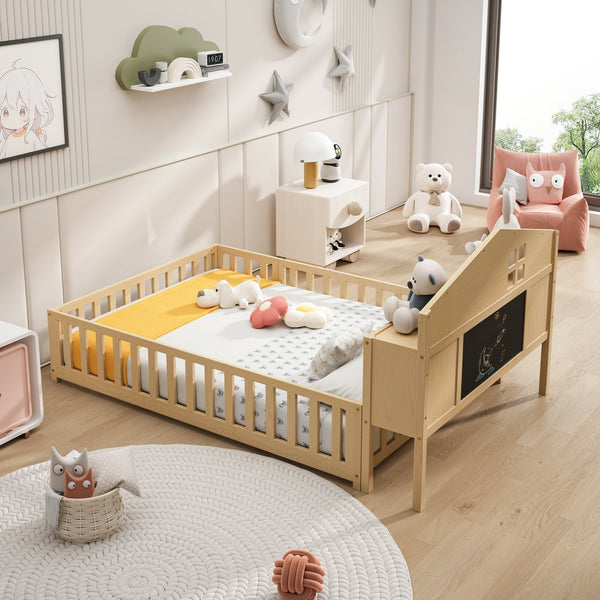 English Elm Full-size Montessori Floor Bed with Built-In Bookcase and Chalkboard, Space-Saving Solid Wood Platform for Kids Natural 56.3 L x 17.32 W x 5.31 H W1716S00014