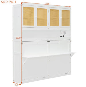 English Elm Twin Murphy Bed with Rattan Cabinet Doors Led Lighting and Usb Charging for Small Spaces White LP000740AAK
