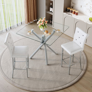 English Elm Modern Tempered Glass Pub Table Set with Chrome Base and White Pu Leather Stools W3875S00034