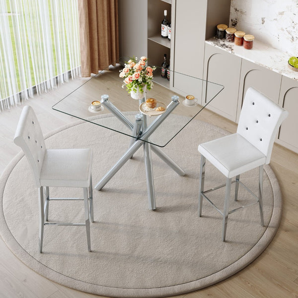 English Elm Modern Tempered Glass Pub Table Set with Chrome Base and White Pu Leather Stools W3875S00034