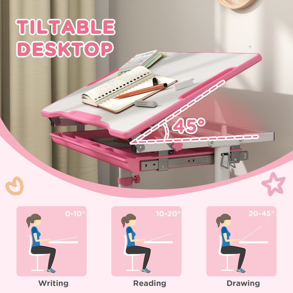 English Elm Qaba Kids Desk And Chairs Set – Height Adjustable Ergonomic Study Desk With Storage, Pink Design W2225P229616-GIGA