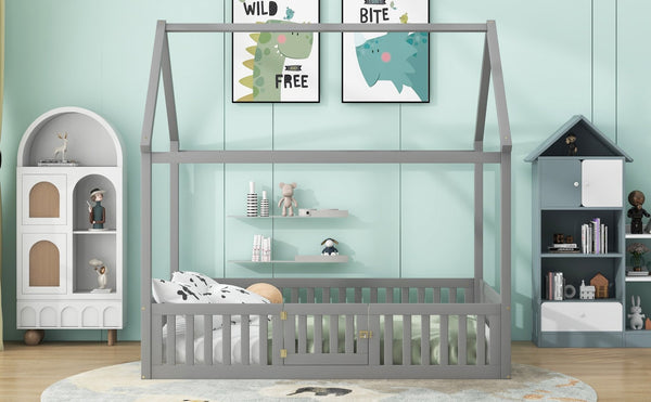 English Elm Full Size Pine House Bed with Pitched Roof Fence and Door for Kids Playroom WF531502AAE