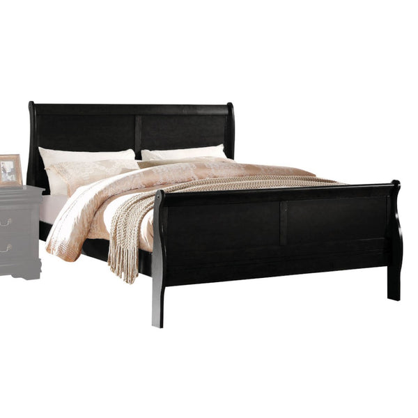 English Elm Louis Philippe Solid Wood Queen Bed Curved Sleigh Headboard Black Lacquer Finish B2726S00142