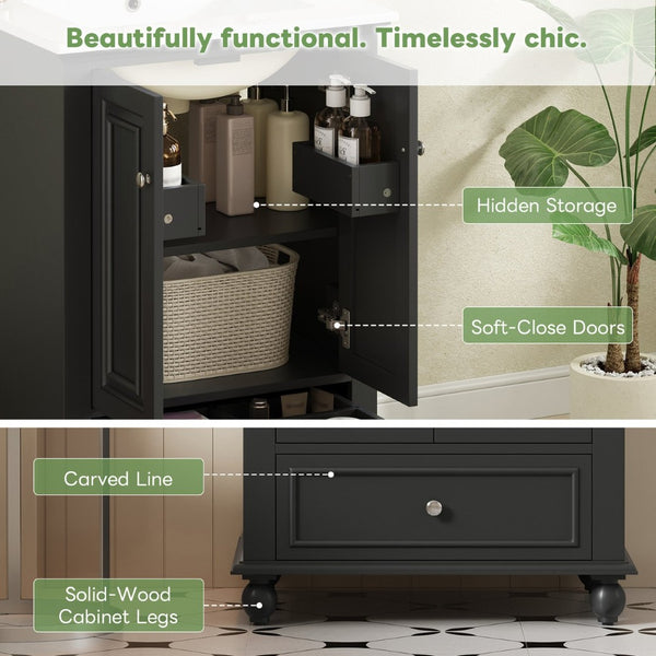 English Elm 24'' French Style Bathroom Vanity with Ceramic Sink Soft Close Cabinet and Drawer Black N710P411227B