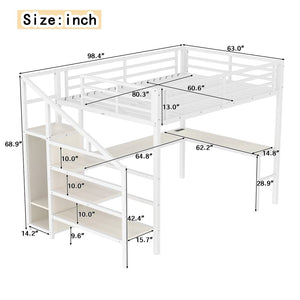 English Elm Queen Size Loft Bed With L-Shaped Desk, Usb Charging & Led Lights - Stylish Storage For All Spaces W1580S00181-GIGA