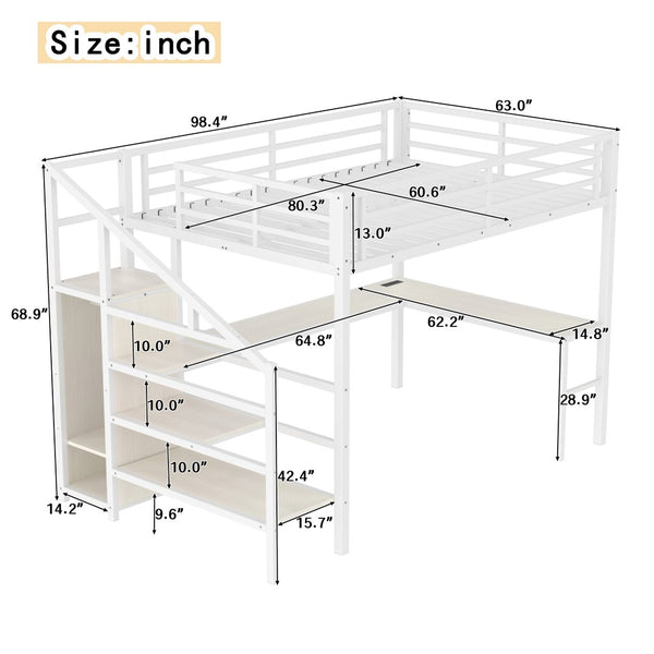 English Elm Queen Size Loft Bed With L-Shaped Desk, Usb Charging & Led Lights - Stylish Storage For All Spaces W1580S00181-GIGA