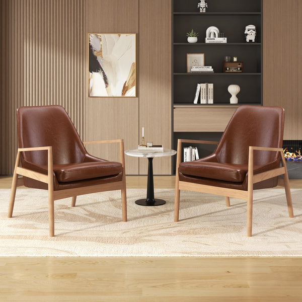 English Elm U-Can Mid-Century PU Leather Armchair Set of 2 with Solid Wood Frame, High-Back Comfort & Style SJ000145AAD