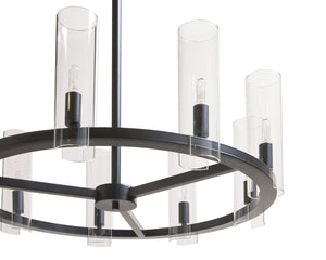 Sunpan CLARABELLE Chandelier - Elegant Black Metal Wheel Design with Clear Glass Shades for Warm Glow 107927