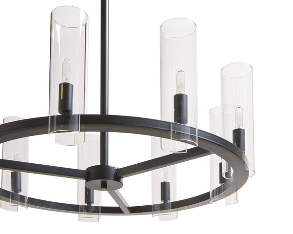Sunpan CLARABELLE Chandelier - Elegant Black Metal Wheel Design with Clear Glass Shades for Warm Glow 107927