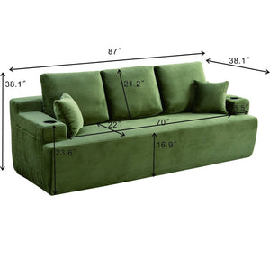 English Elm 87 Inch Plush Corduroy Three Seat Sofa with Deep Cushions Cup Holders Storage Pockets Green W5515P444492