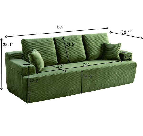 English Elm 87 Inch Plush Corduroy Three Seat Sofa with Deep Cushions Cup Holders Storage Pockets Green W5515P444492