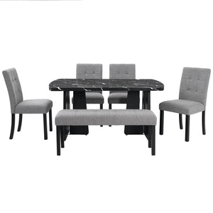English Elm 6 Piece Dining Set with Rectangular Solid Wood Table, Upholstered Chairs & Bench, Rustic Charm, Easy Assembly, Seats 6 Black+ Gray N752S000011B