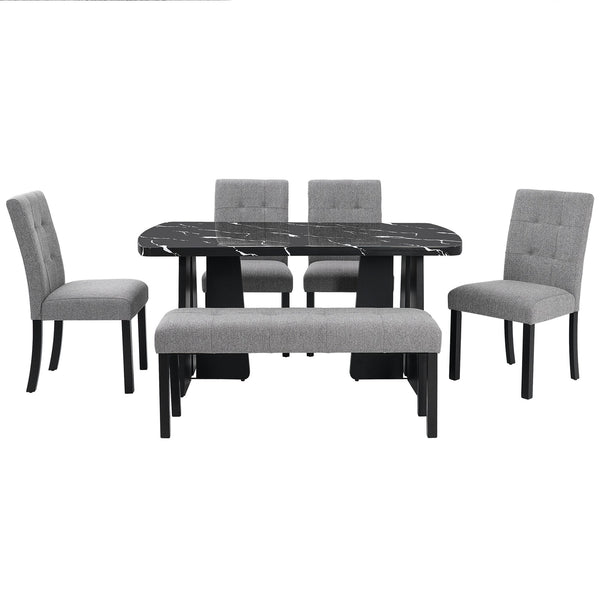 English Elm 6 Piece Dining Set with Rectangular Solid Wood Table, Upholstered Chairs & Bench, Rustic Charm, Easy Assembly, Seats 6 Black+ Gray N752S000011B