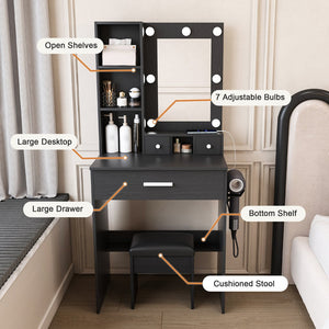 English Elm Vanity compact dressing desk with LED mirror, 3-color dimmable lights, drawers, stool, outlet Black W2699P345801