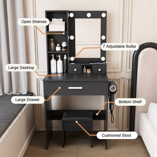 English Elm Vanity compact dressing desk with LED mirror, 3-color dimmable lights, drawers, stool, outlet Black W2699P345801