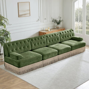 English Elm 135" Modular Chesterfield Sectional Sofa Velvet Tufted Tassel Skirt Lounge Seating Green W714S01710
