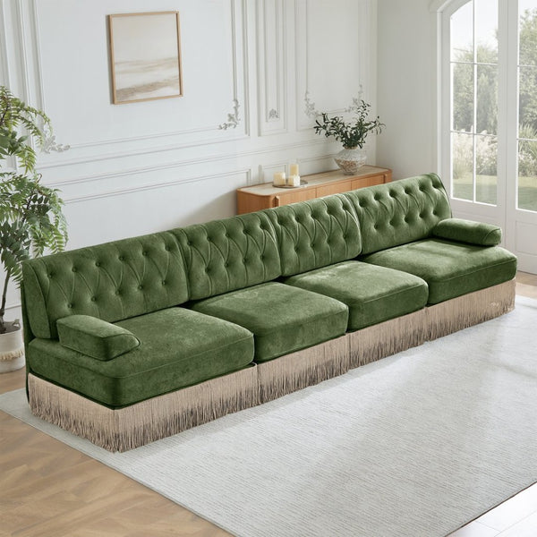 English Elm 135" Modular Chesterfield Sectional Sofa Velvet Tufted Tassel Skirt Lounge Seating Green W714S01710