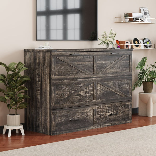 English Elm Queen Murphy Cabinet Bed Rustic Grey Farmhouse Style with Charging Station Storage W5271S00001