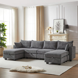 English Elm 113.5'' Modular Sectional Sofa with Storage Ottoman, Convertible U or L Shape Sleeper for 6 Seats Dark Gray W834S00252