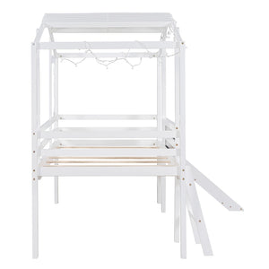 English Elm Twin House Loft Bed with Slide Chalkboard Panel and Led Roofline for Kids White WF324323AAK