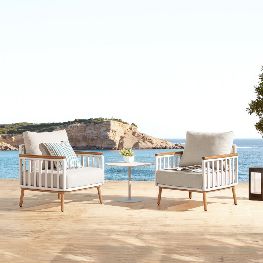 English Elm Jennifer Taylor Home - Calarono Teak & Aluminum Patio Accent Arm Chair Set of 2 — Sand Dune Chenille Cushions, UV‑Resistant Comfort, Rust‑Proof Frame (32x30x30) B2719P320844