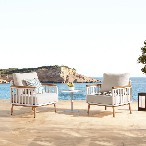 English Elm Jennifer Taylor Home - Calarono Teak & Aluminum Patio Accent Arm Chair Set of 2 — Sand Dune Chenille Cushions, UV‑Resistant Comfort, Rust‑Proof Frame (32x30x30) B2719P320844