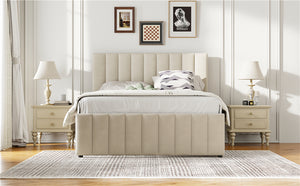 English Elm Full Upholstered Platform Bed with Twin Trundle and 3 Drawers, Linen Comfort, Sturdy Wood Frame Beige SF000249AAA