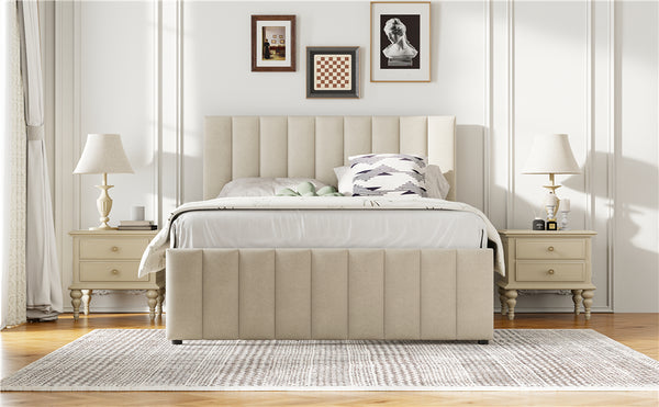 English Elm Full Upholstered Platform Bed with Twin Trundle and 3 Drawers, Linen Comfort, Sturdy Wood Frame Beige SF000249AAA
