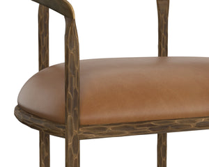 Sunpan Zanatta Dining Armchair – Handcrafted Antique Brass Frame with Unique Hammered Metal Detailing Tan Leather