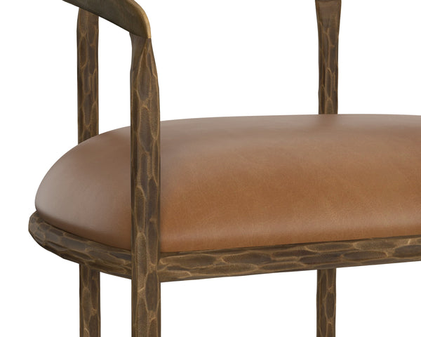 Sunpan Zanatta Dining Armchair – Handcrafted Antique Brass Frame with Unique Hammered Metal Detailing Tan Leather