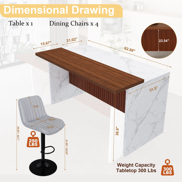 English Elm 63" Modern Kitchen Island Set With 4 Gray Bar Stools - Stylish Marble Finish, Led Light & Versatile Design W2699S00072