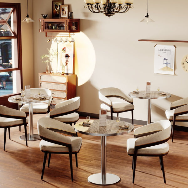 English Elm Round Tulip Bistro Table Faux Marble Top Gold Pedestal Base for Small Dining Spaces W3316P421500