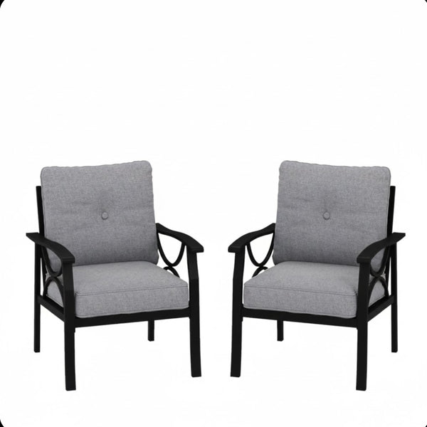 English Elm Set of 2 Outdoor Steel Armchairs Powder Coated Matte Frame with Cushioned Patio Seating Black+ Gray B082P455145